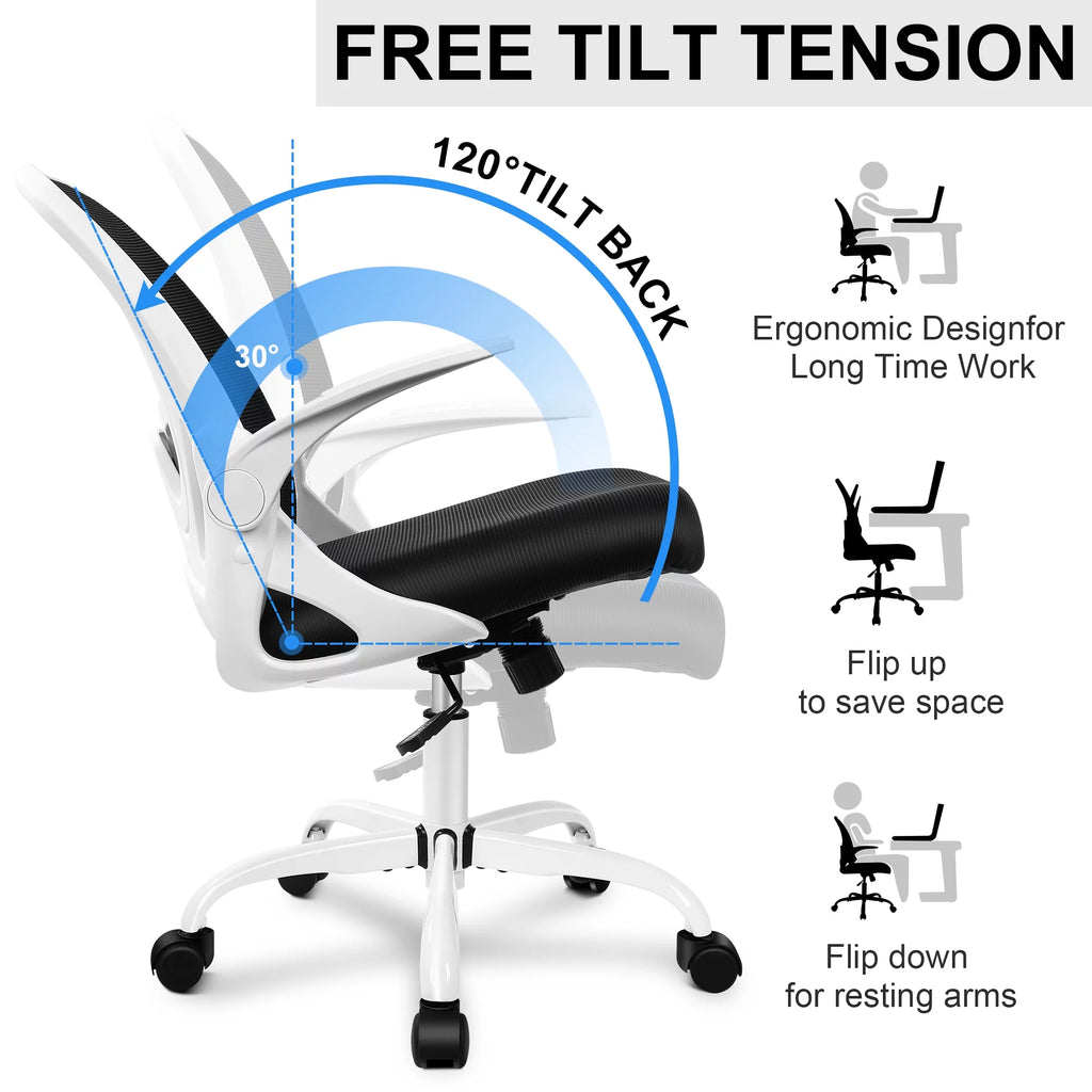 White Ergonomic Mesh Office Chair with Flip up Armrests B3896