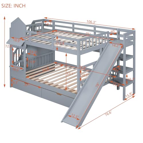 Full Over Full Solid Wood Bunk Bed with Slide and Storage Staircase N460