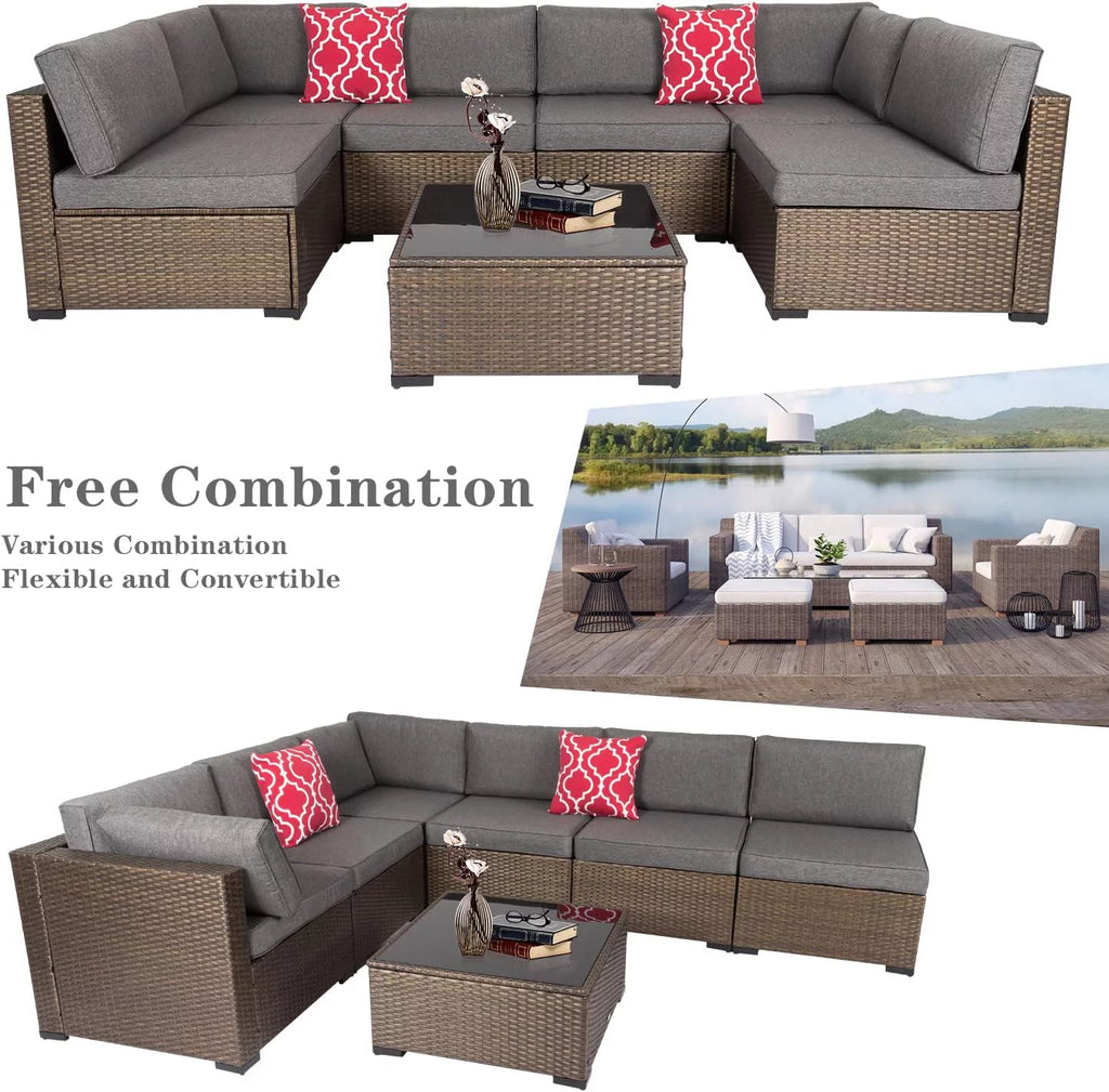 7 Pcs Wicker Patio Furniture Set with Gray Cushions D95130