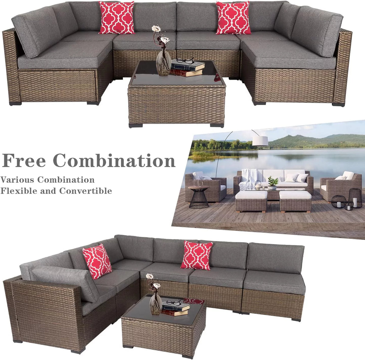 7 Pcs Wicker Patio Furniture Set with Gray Cushions D95130
