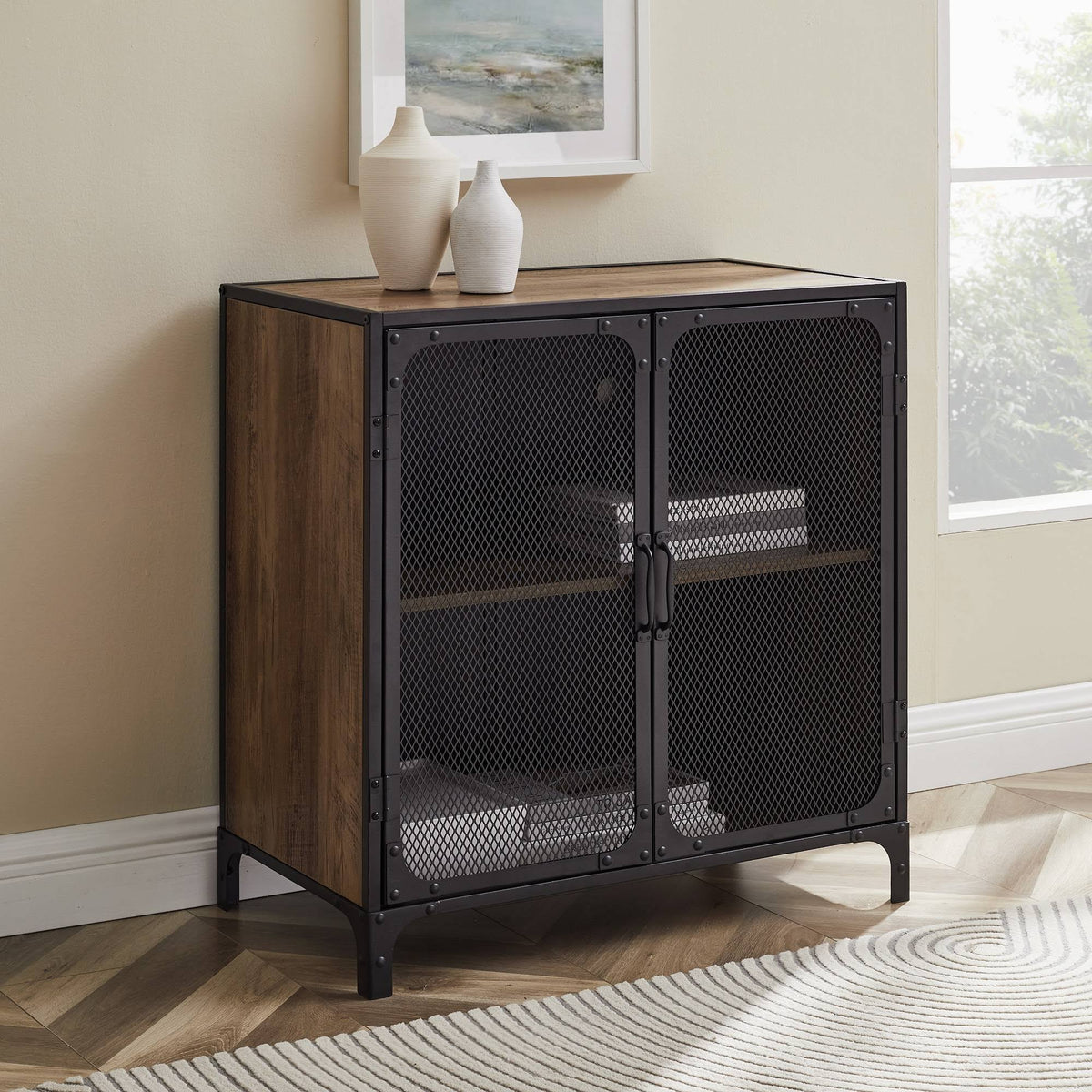 30x22 Rustic Oak Accent Cabinet with Mesh F391778