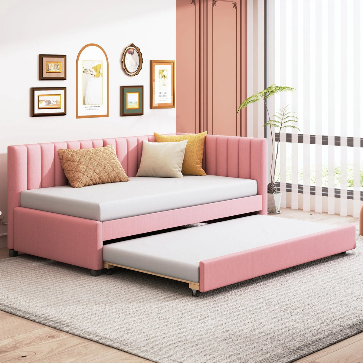 Upholstered Linen Twin Size Daybed with Trundle K149