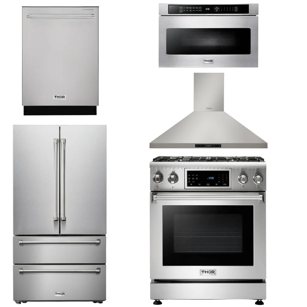 30 In. Propane Gas Range, Range Hood, Microwave Drawer, Refrigerator, Dishwasher R147