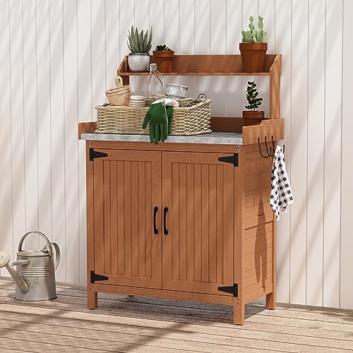 Wooden Outdoor Potting Bench with Storage Y232833