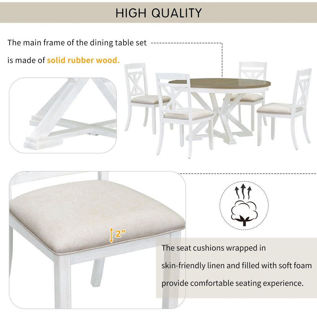 5-Piece Extendable Round Dining Table Set with 4 Upholstered Chairs E617