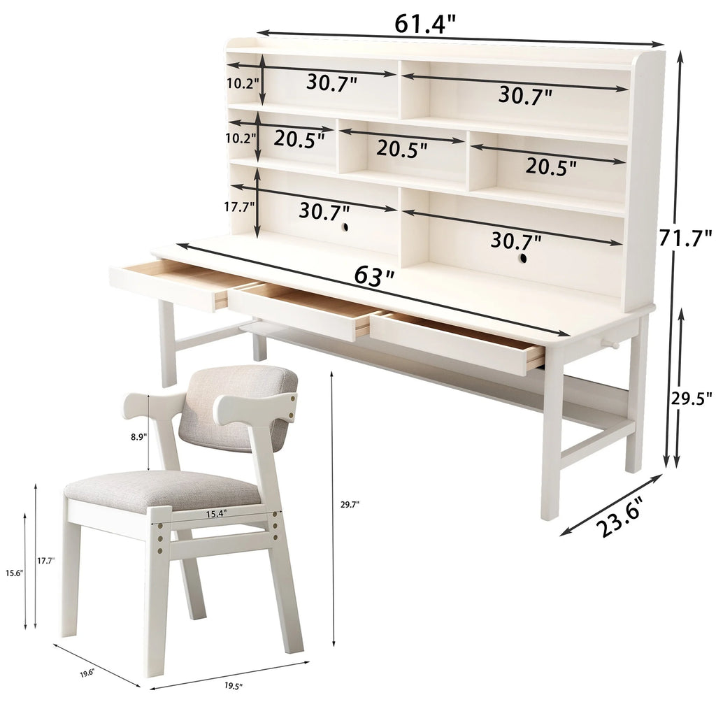 White Wooden Kids Desk and Chair Set with Hutch J4177