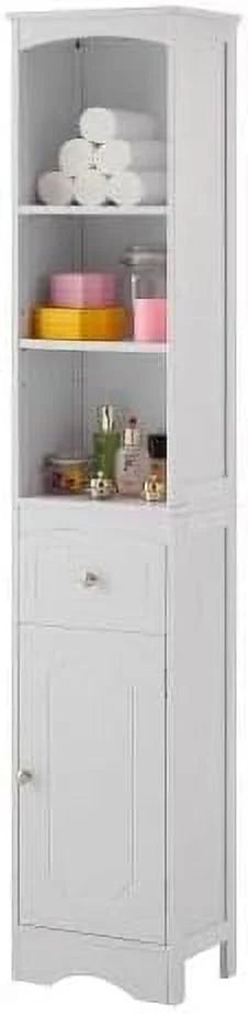 White Tall Freestanding Bathroom Cabinet with Drawer and Adjustable Shelves D95565