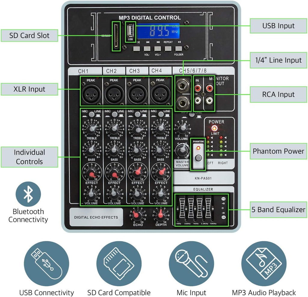 8 Channel Bluetooth PA System with Wired Microphone and Tripods S29626
