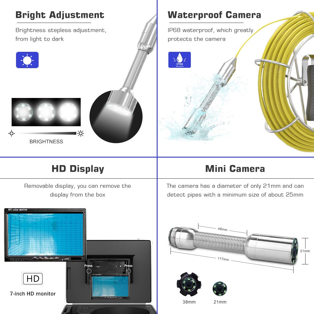 65ft WiFi Waterproof IP68 HD 1080P Sewer Camera N755266