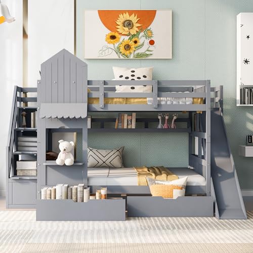Full Over Full Solid Wood Bunk Bed with Slide and Storage Staircase N460