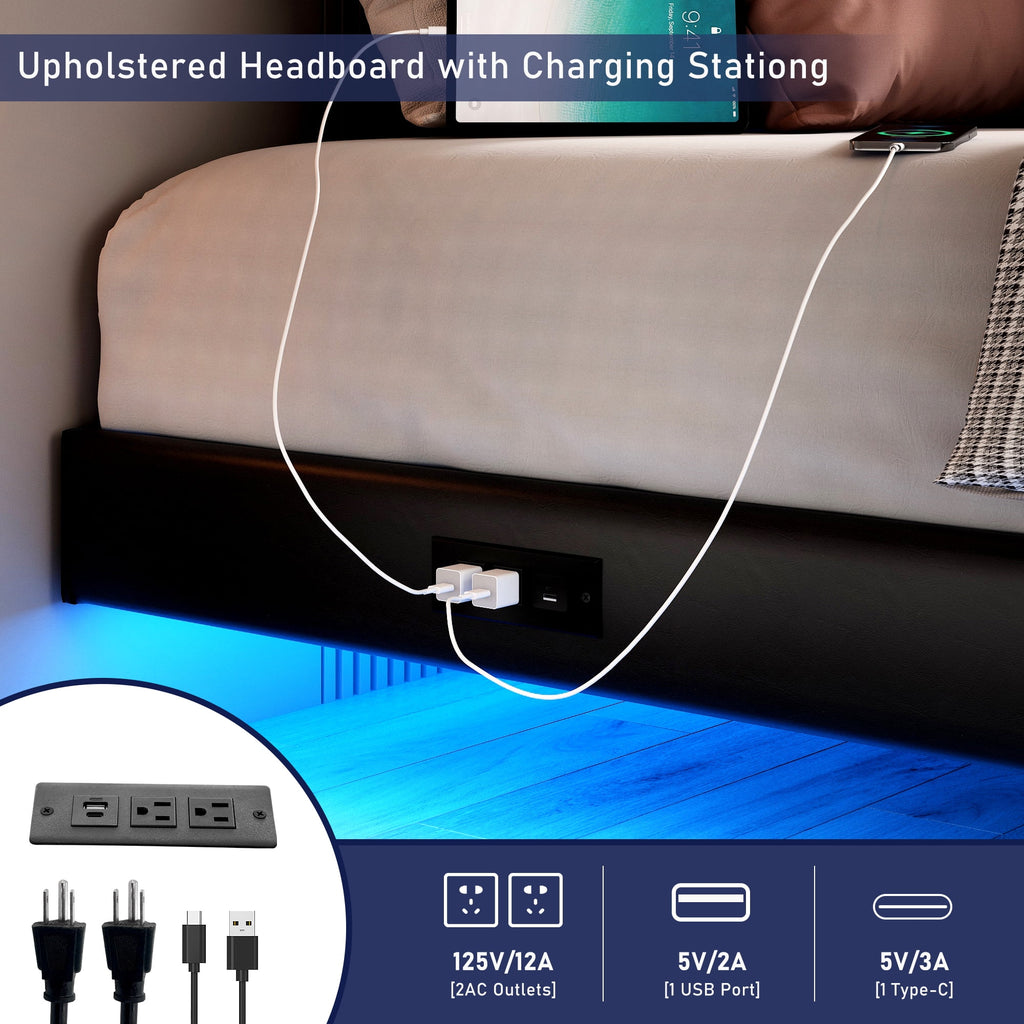 King Size Floating Upholstered Platform Bed with LED Light & Power Charging Station A5255