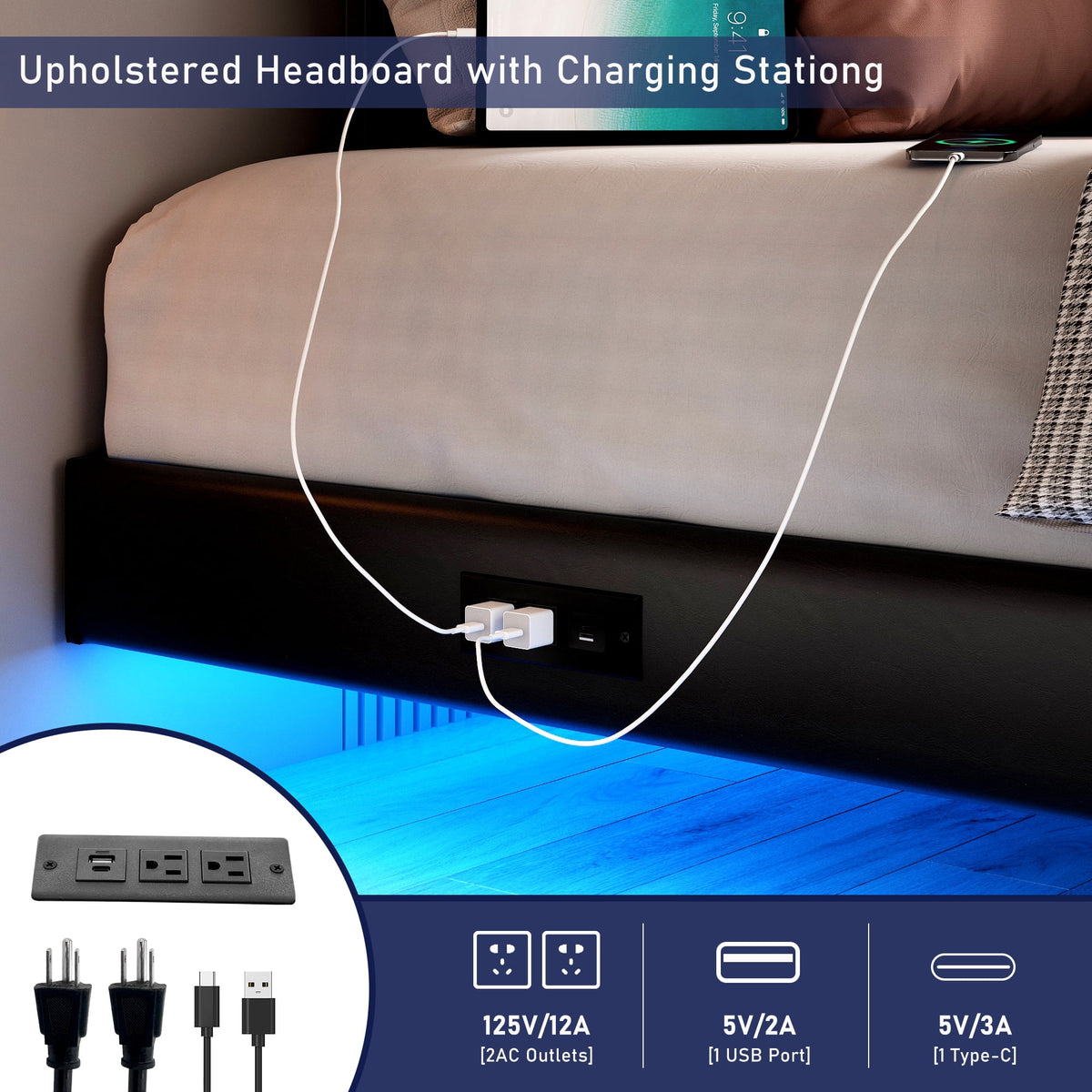 King Size Floating Upholstered Platform Bed with LED Light & Power Charging Station A5255