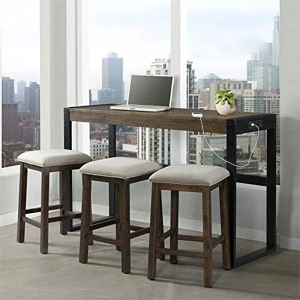 Walnut and Taupe Fabric Sofa Bar Table Set with 3 Upholstered Stools K7580