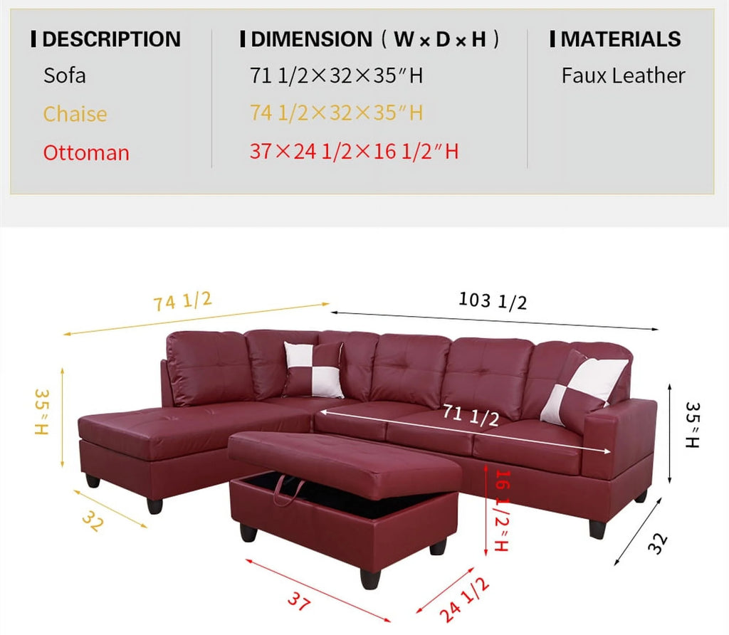 Brown Leather Sleeper Sectional Sofa with Storage Ottoman K28075