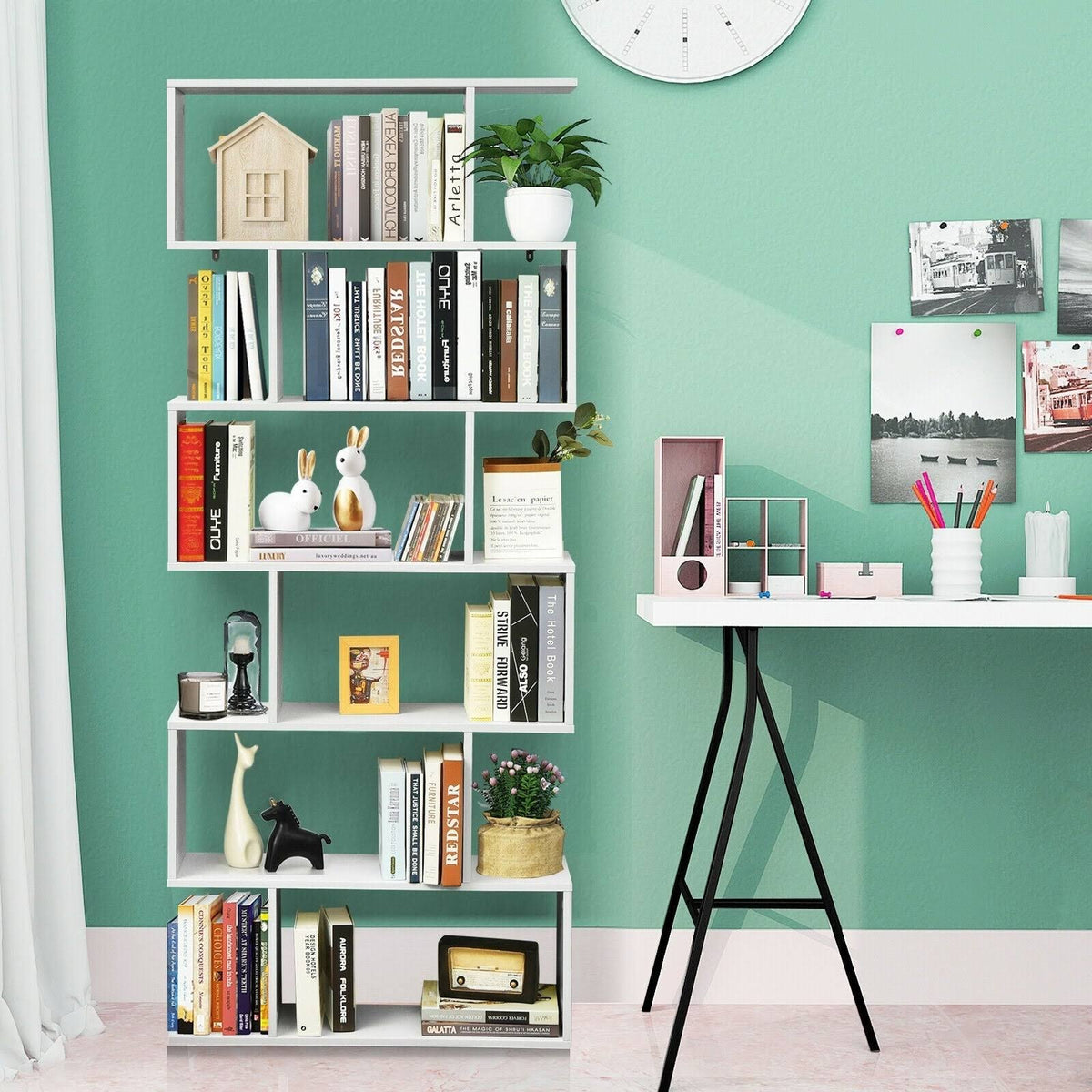6 Tier S-Shaped White Bookshelf W7461