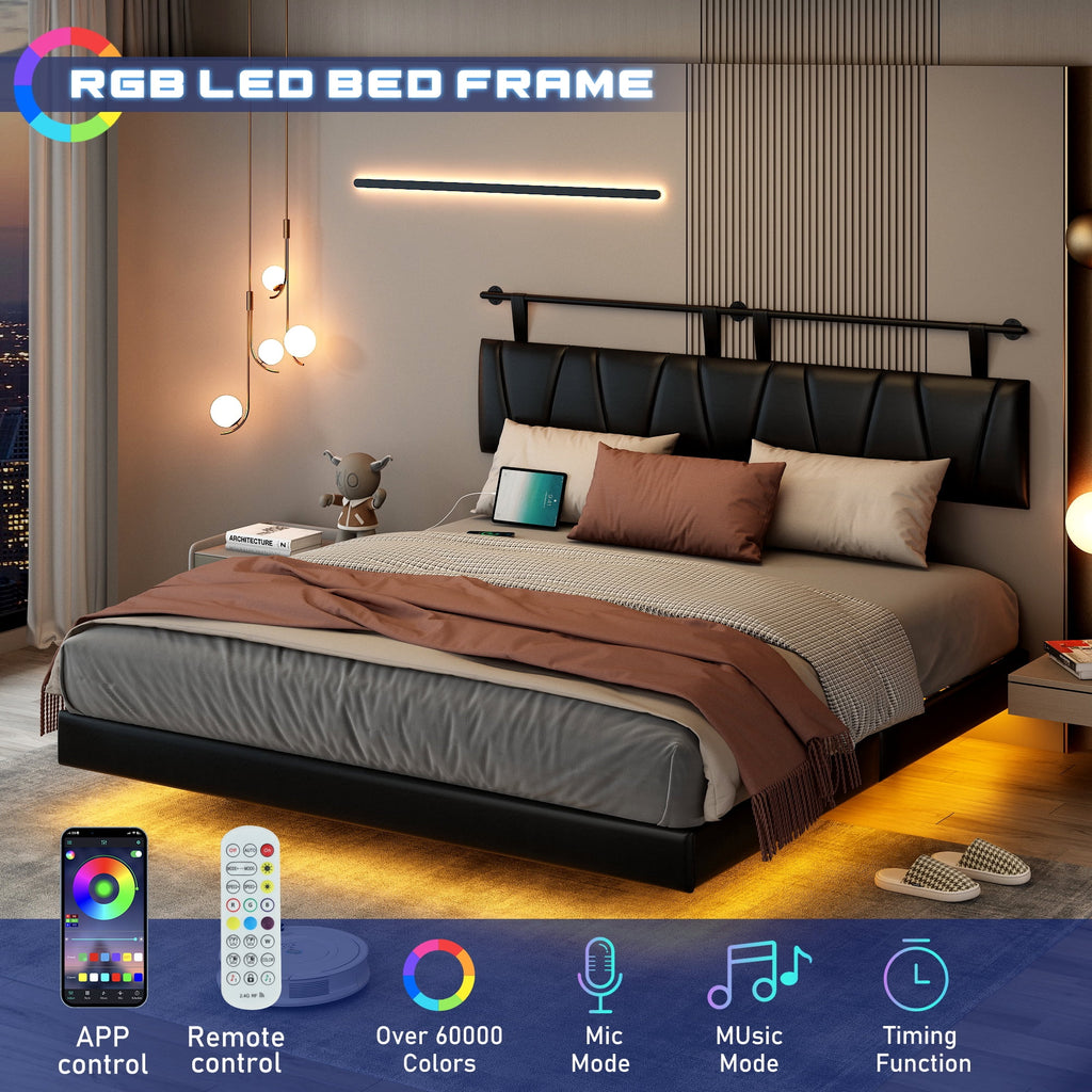 King Size Floating Upholstered Platform Bed with LED Light & Power Charging Station A5255