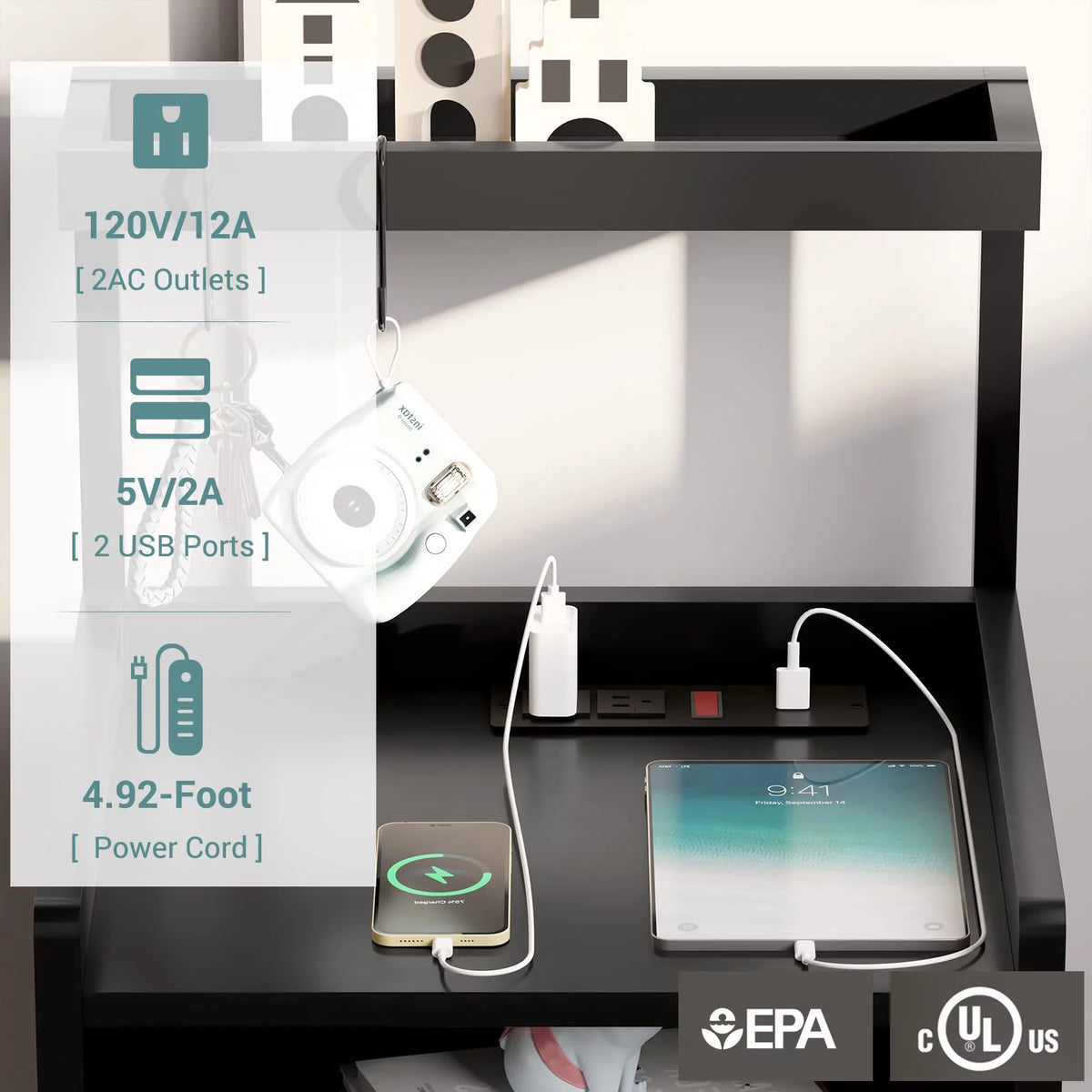 Black Nightstand with Charging Station and LED Lights B2726