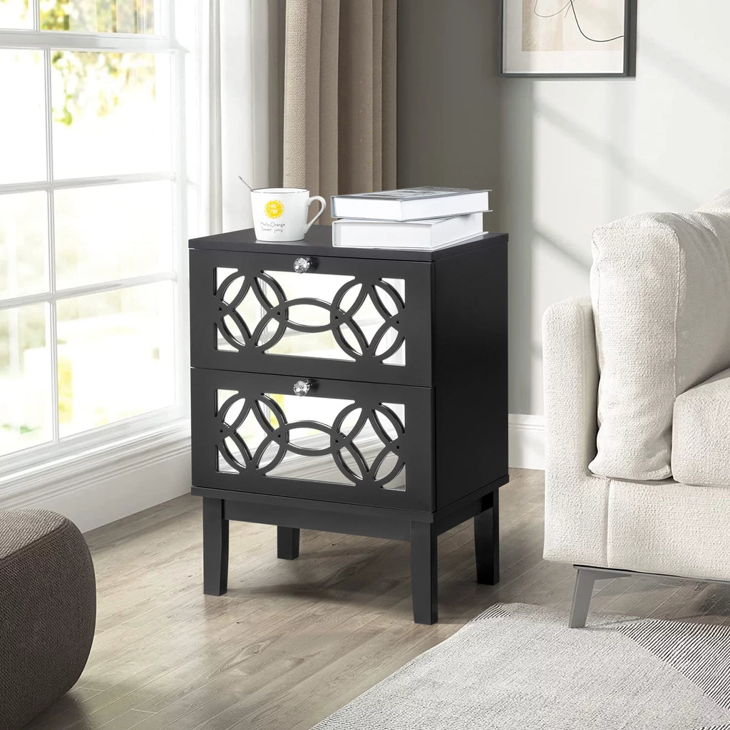 Black Modern Bedside Table with Storage Drawers and Smoked Mirror R690