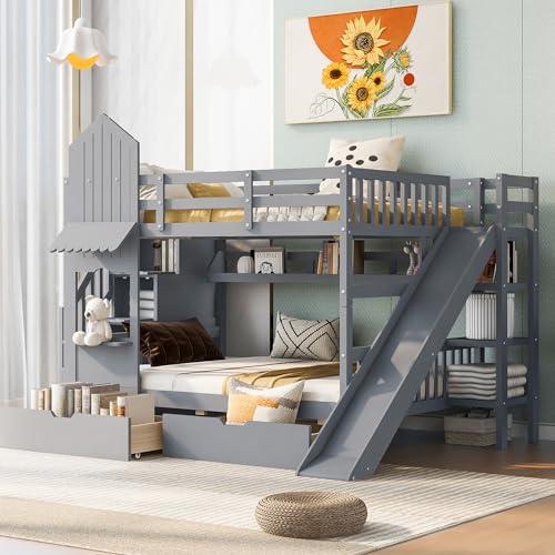 Full Over Full Solid Wood Bunk Bed with Slide and Storage Staircase N460