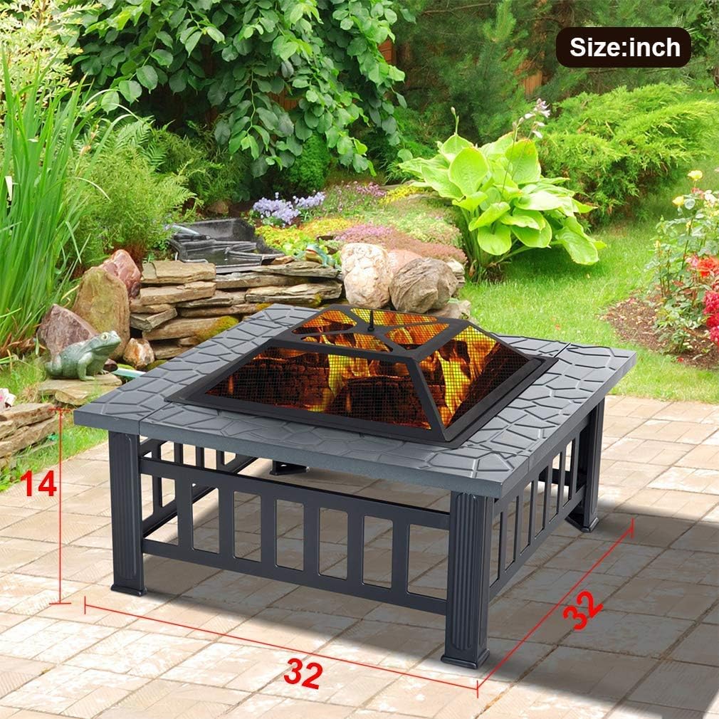 32 Metal Square Wood Burning Fire Pit with Charcoal Rack K385996