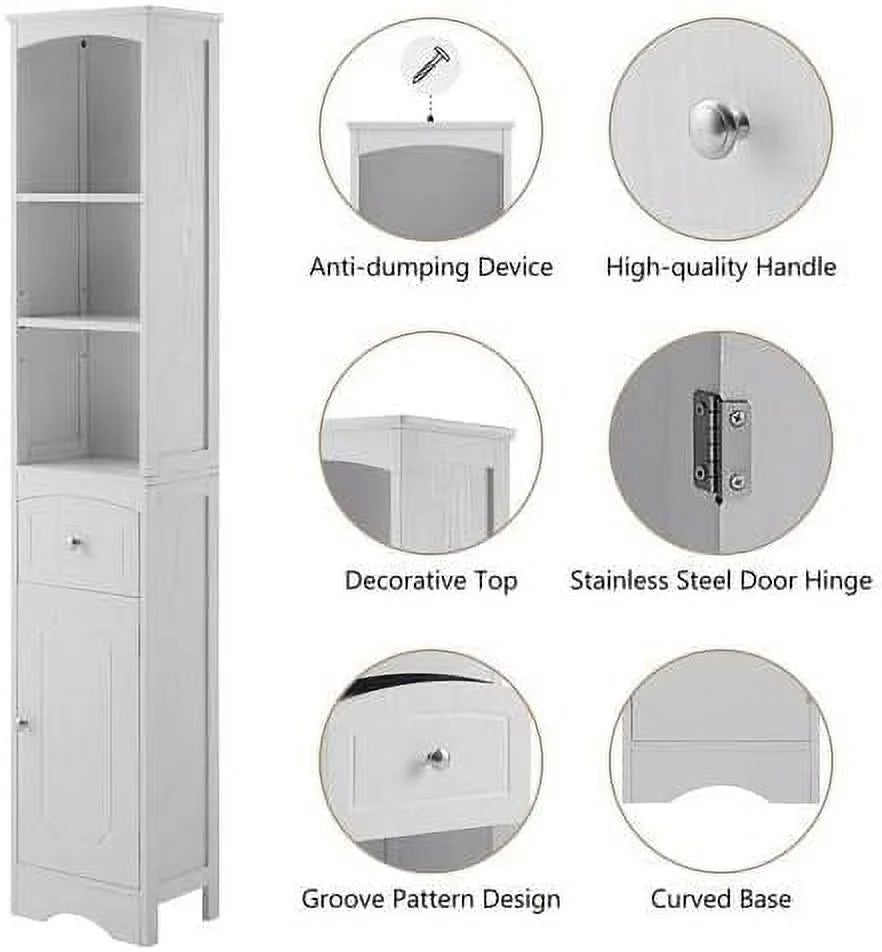 White Tall Freestanding Bathroom Cabinet with Drawer and Adjustable Shelves D95565