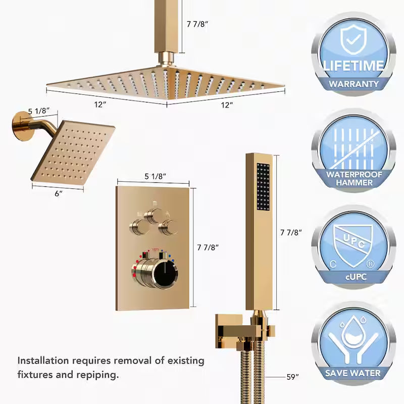 12 in. 6 in. Rainfall Wall and Ceiling Mount 2.5 GPM Fixed and Handheld Shower Head S7184