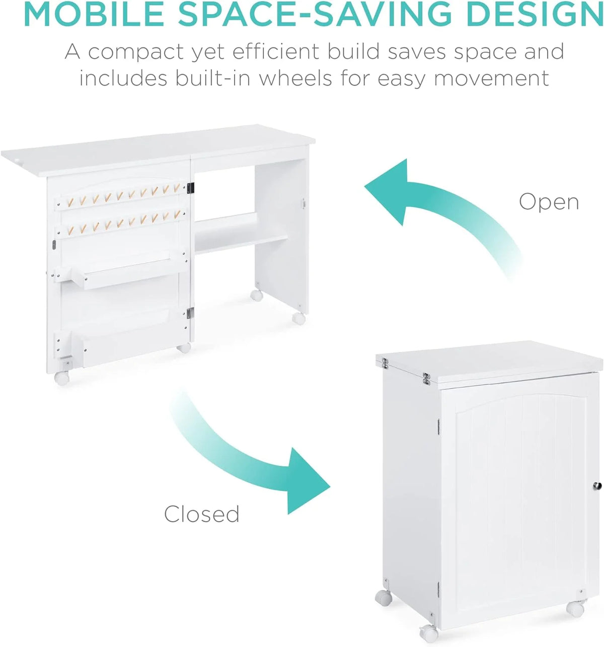 Folding Sewing Table Craft Station with Wheels Shelves Storage Trays G55694