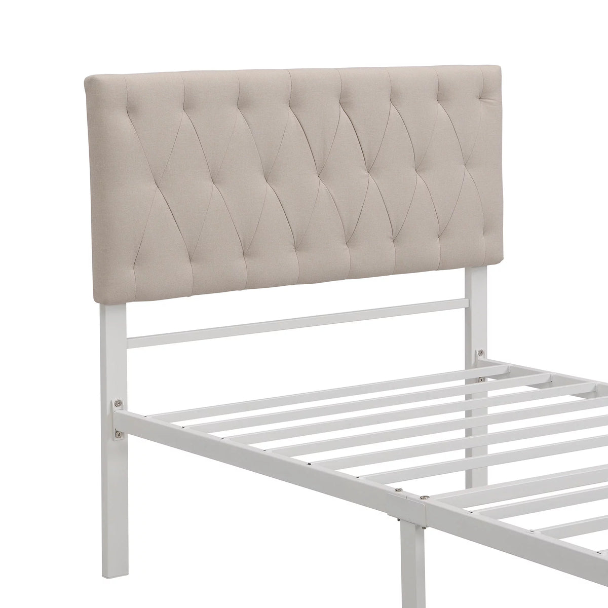 Beige Twin Size Metal Platform Bed with Linen Upholstered Headboard and Storage Drawer Q509652