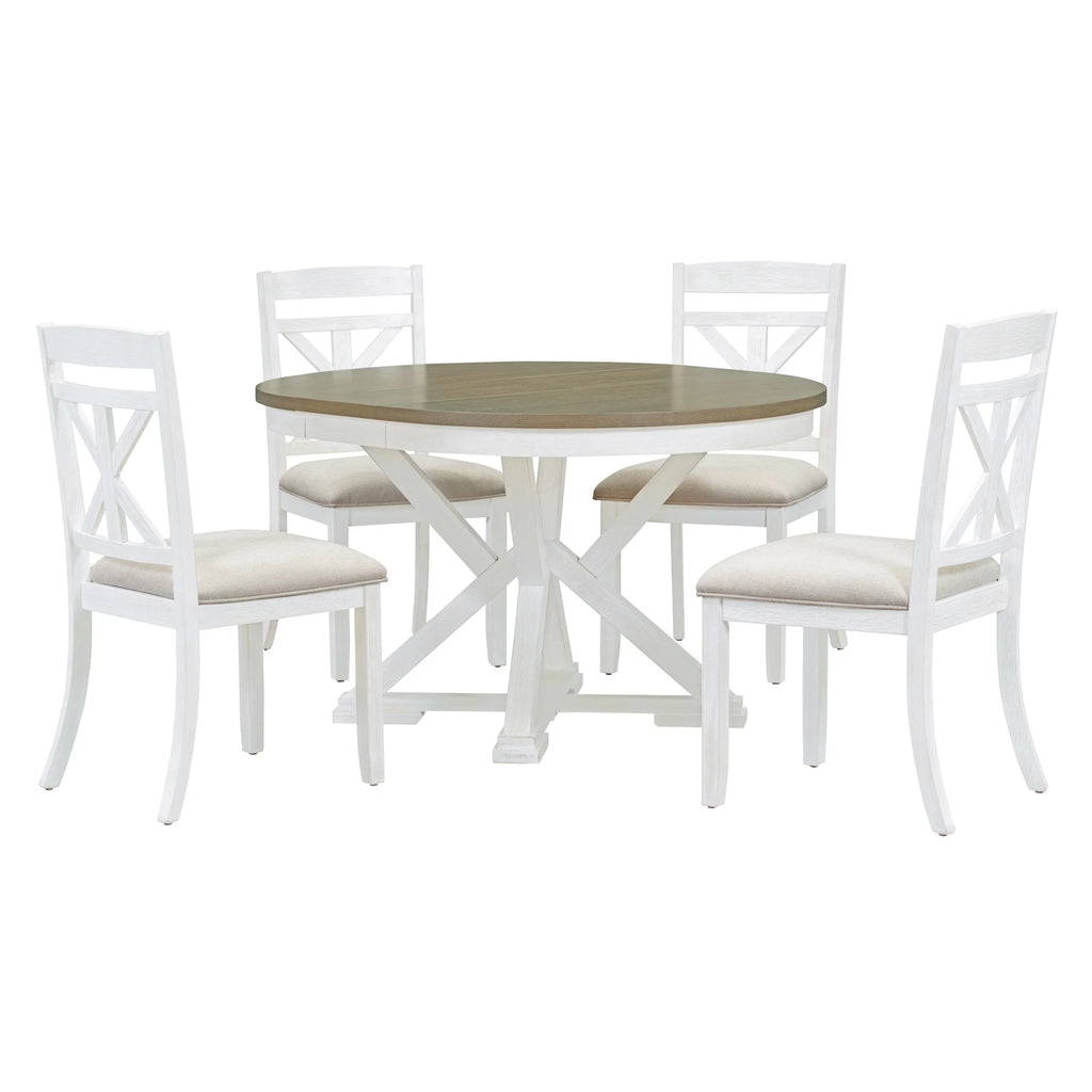 5-Piece Extendable Round Dining Table Set with 4 Upholstered Chairs E617