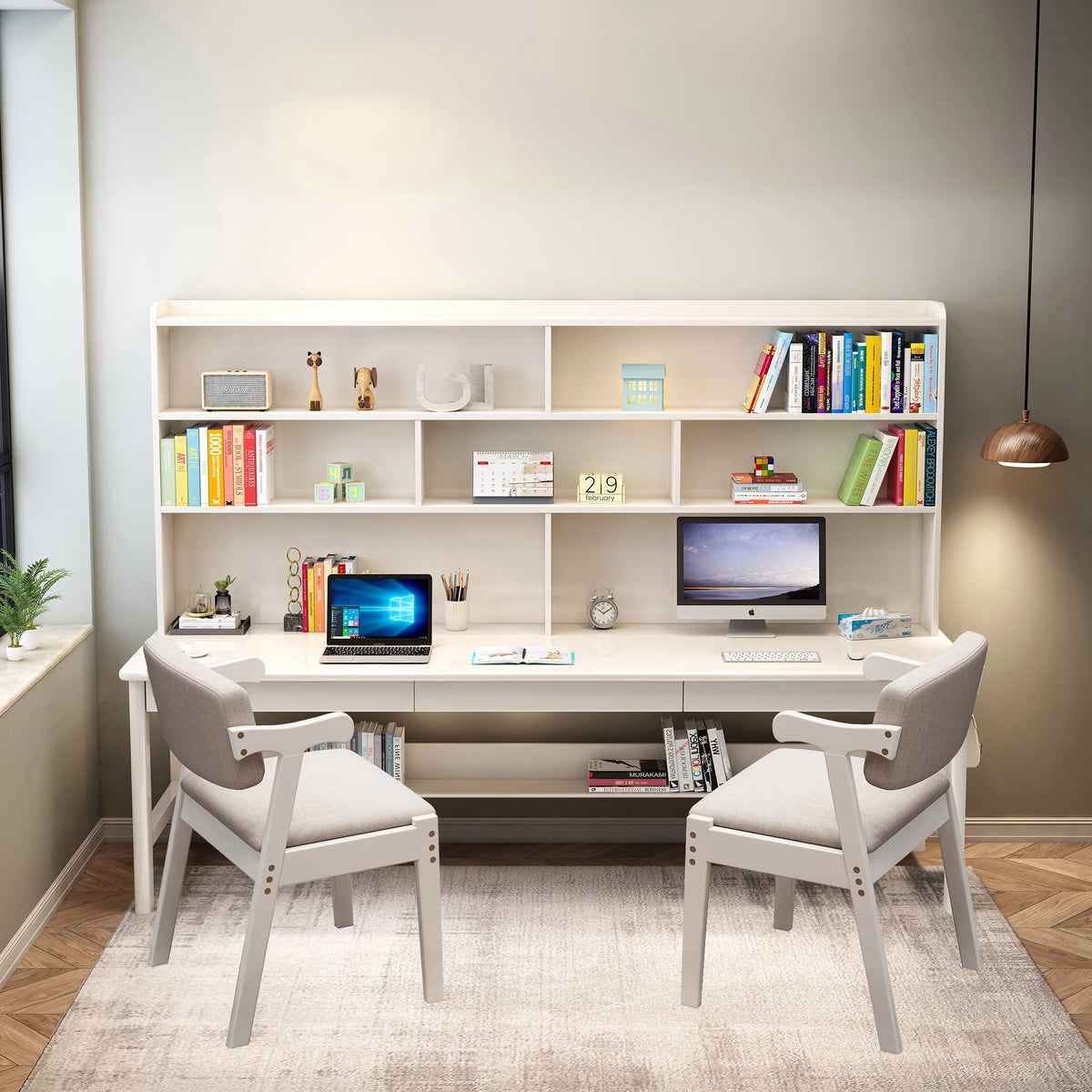 White Wooden Kids Desk and Chair Set with Hutch J4177