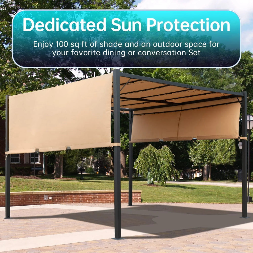 10x10 Retractable Steel Frame Pergola with Solar Powered Led Kit (Tan) C43773