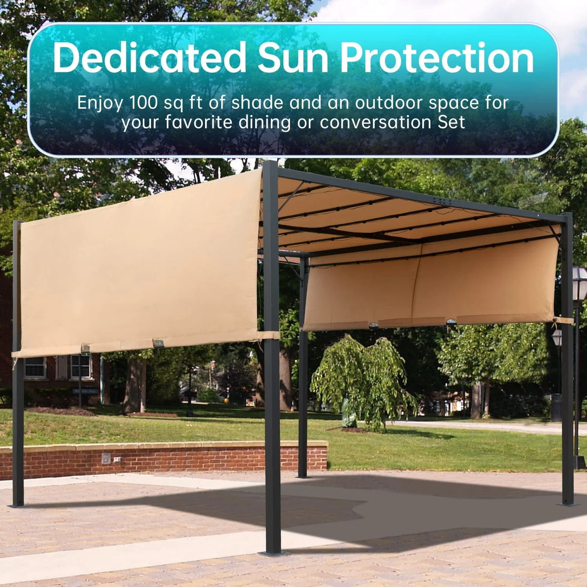 10x10 Retractable Steel Frame Pergola with Solar Powered Led Kit (Tan) C43773