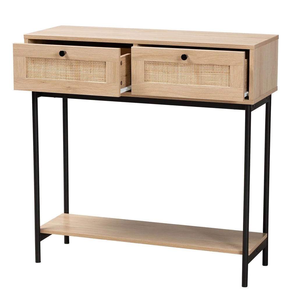 Brown and Black 2-Drawer Console Table with Rattan Accent G7314