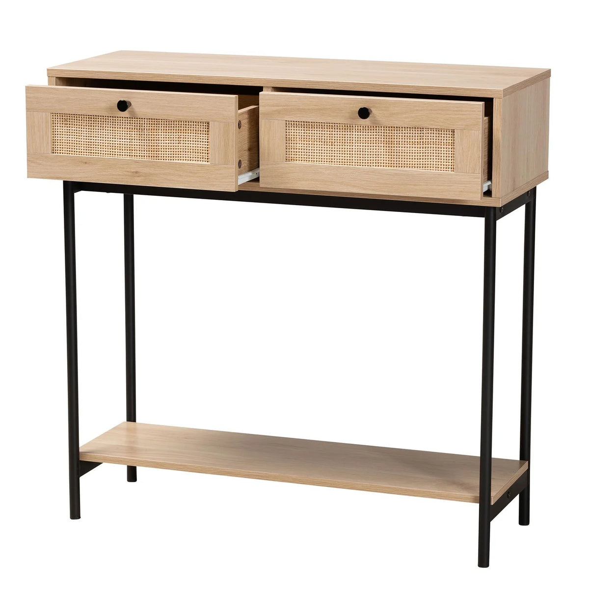 Brown and Black 2-Drawer Console Table with Rattan Accent G7314