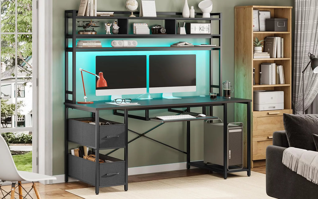Black 55 inches Computer Gaming Desk with Bookshelf and 2 Drawers R684540