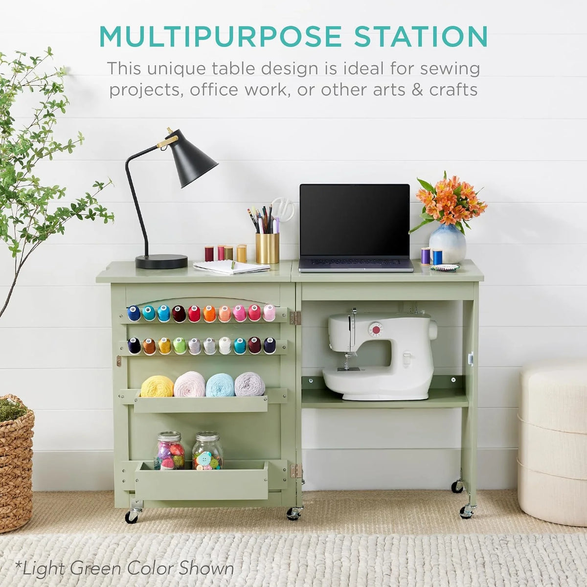 Folding Sewing Table Craft Station with Wheels Shelves Storage Trays G55694