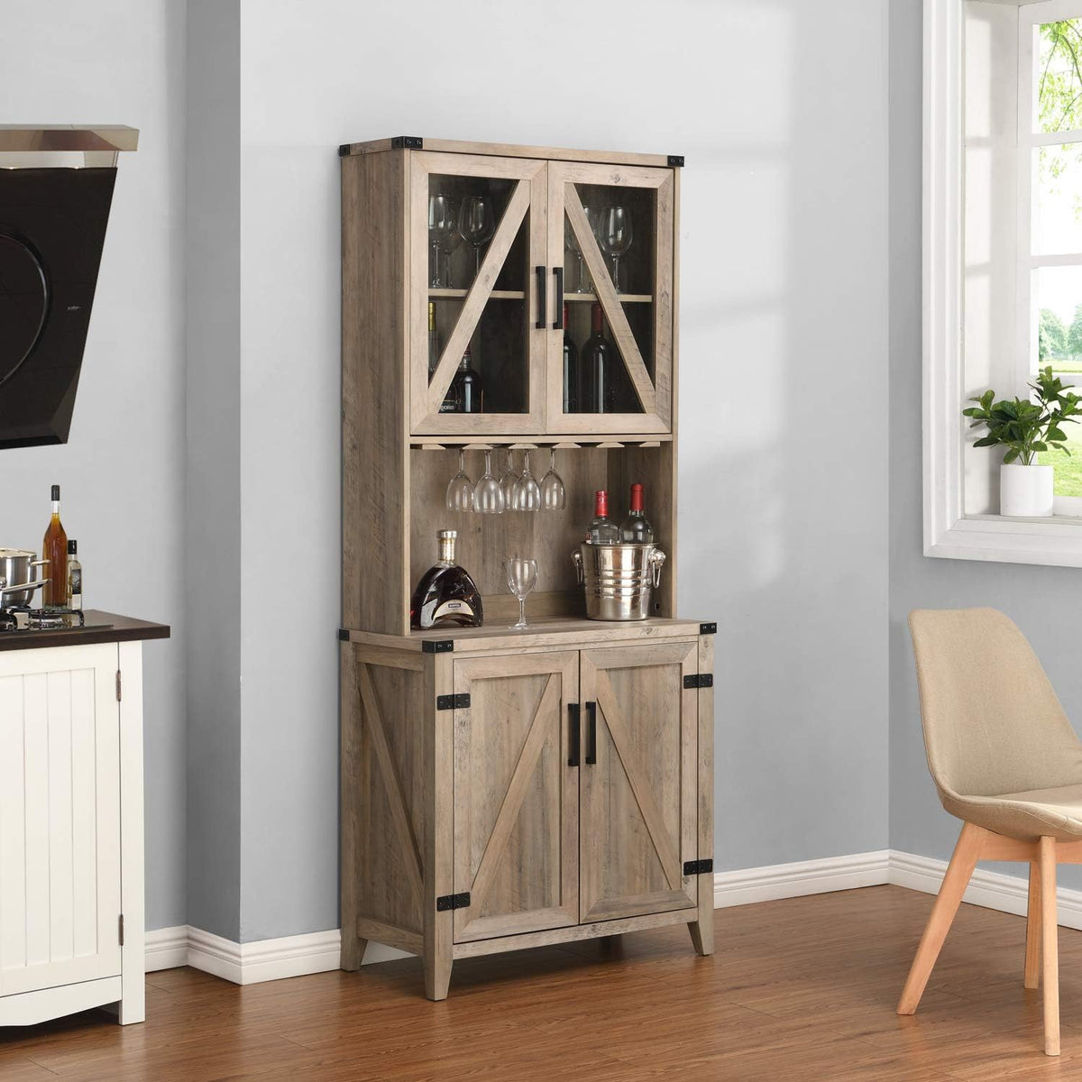 Grey Wash Bar Cabinet with Glass Cabinet I3623