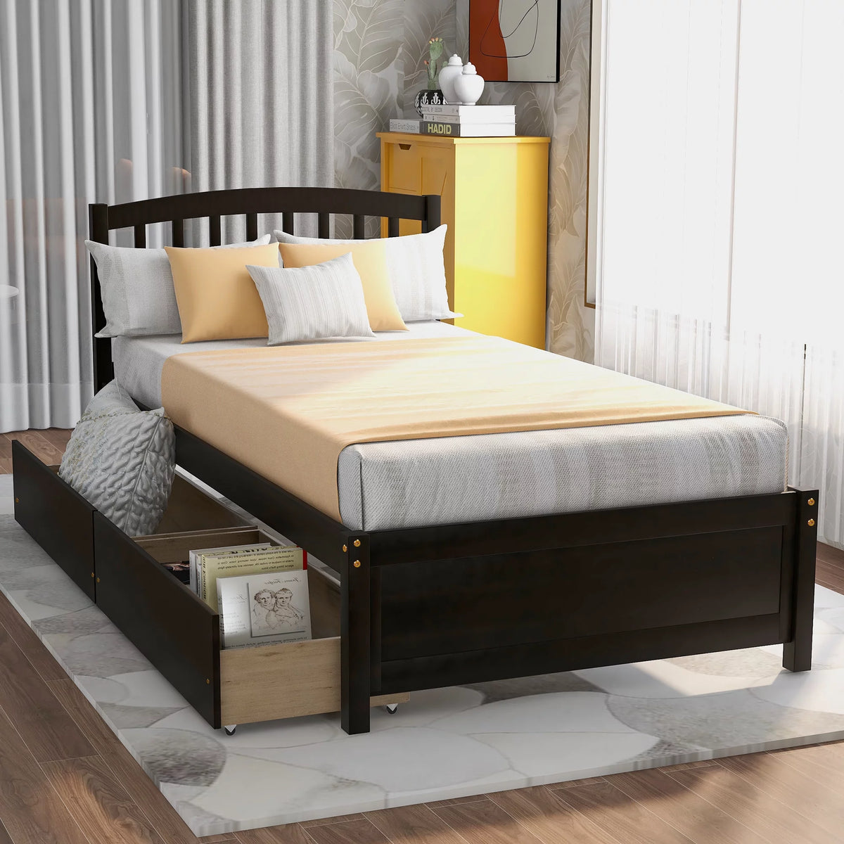 Twin Size Wood Platform Bed with Headboard and Storage B891828
