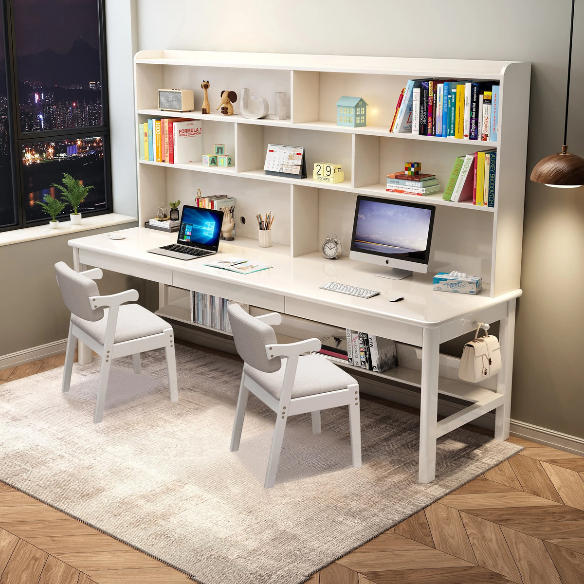 White Wooden Kids Desk and Chair Set with Hutch J4177