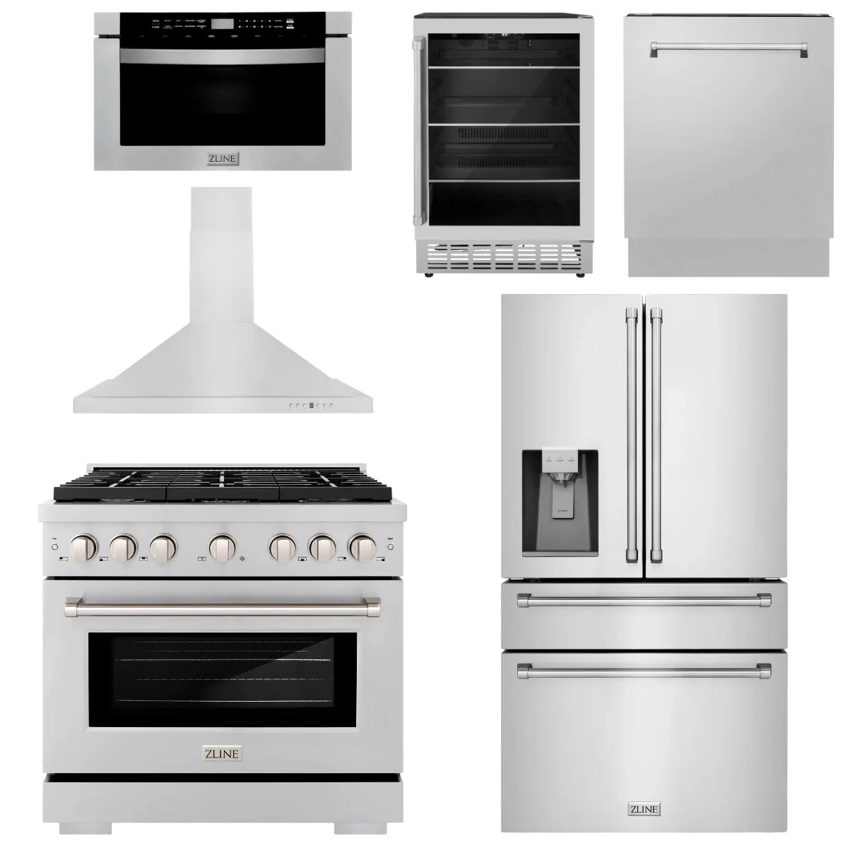 36 Gas Range, Range Hood, Refrigerator, Microwave Drawer, Dishwasher and Beverage Fridge H9087