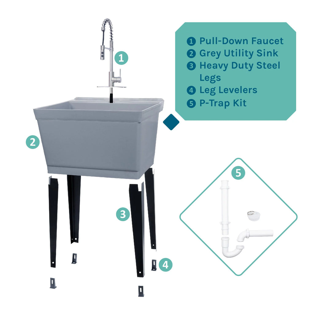 Grey Freestanding Utility Sink with Pull-Down Faucet C995