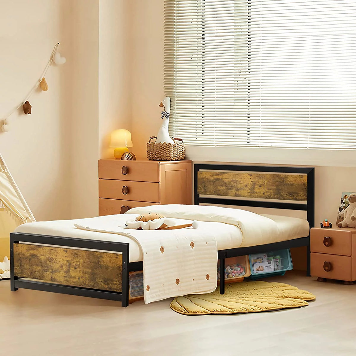 King Size Metal Bed Frame with Wood Headboard Y7218