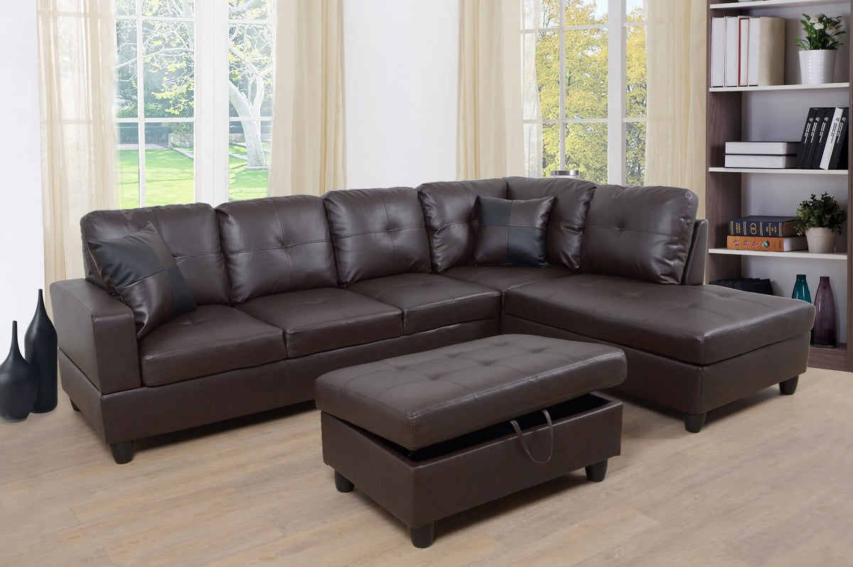 Brown Leather Sleeper Sectional Sofa with Storage Ottoman K28075