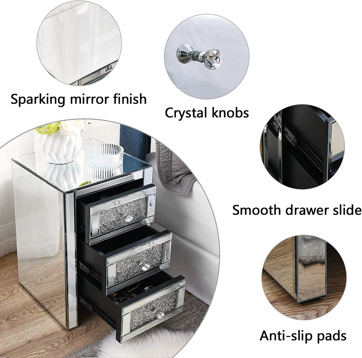 Mirrored 3-Drawer Crystal Nightstand Y3915