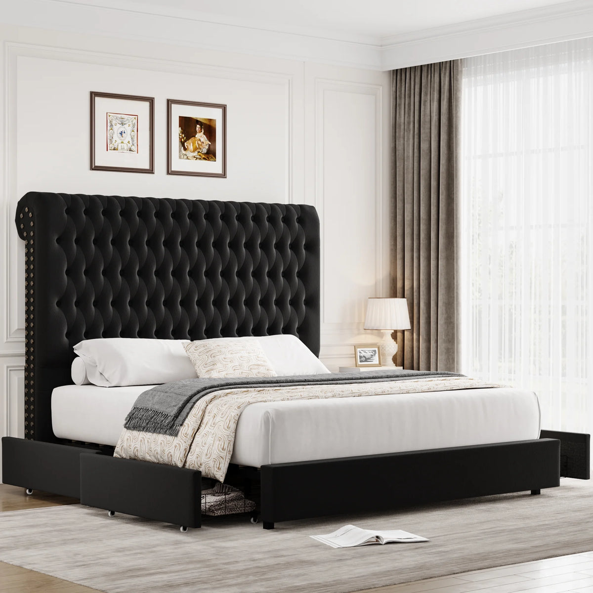 Queen Size Storage Bed with Tall Headboard and Drawers R838