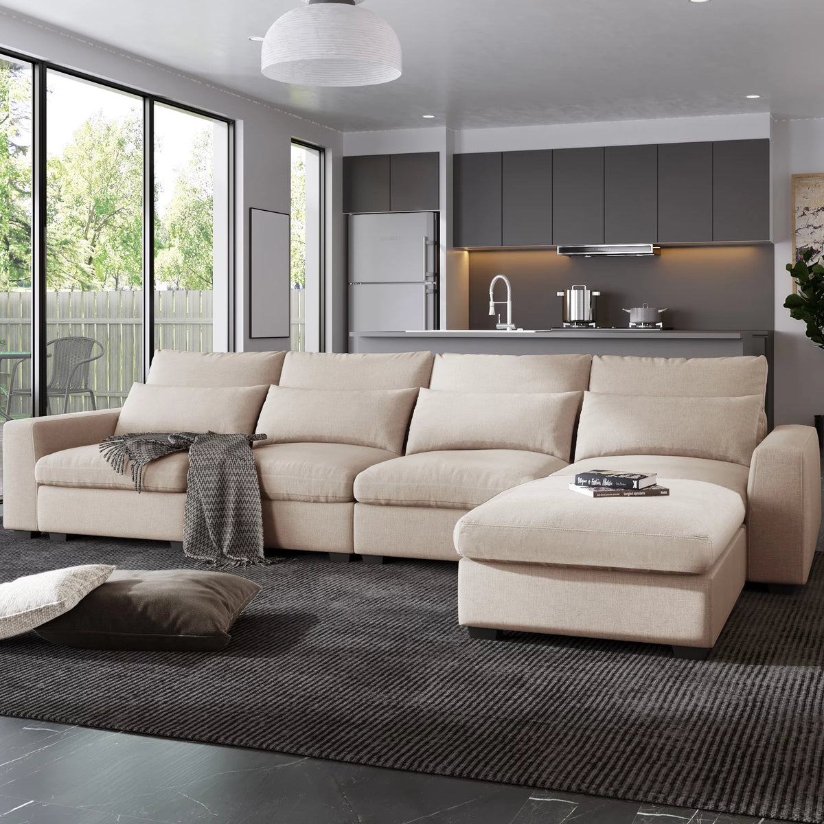 Modern L-Shape Feather Filled Sectional Sofa with Reversible Chaise S2600