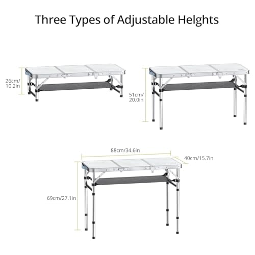 Folding Camping Table with Storage Net, 3 Adjustable Height, Pure Black J387173
