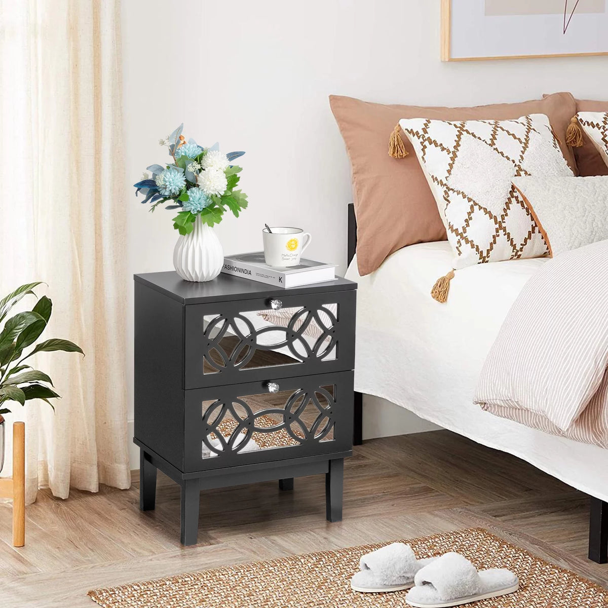 Black Modern Bedside Table with Storage Drawers and Smoked Mirror R690