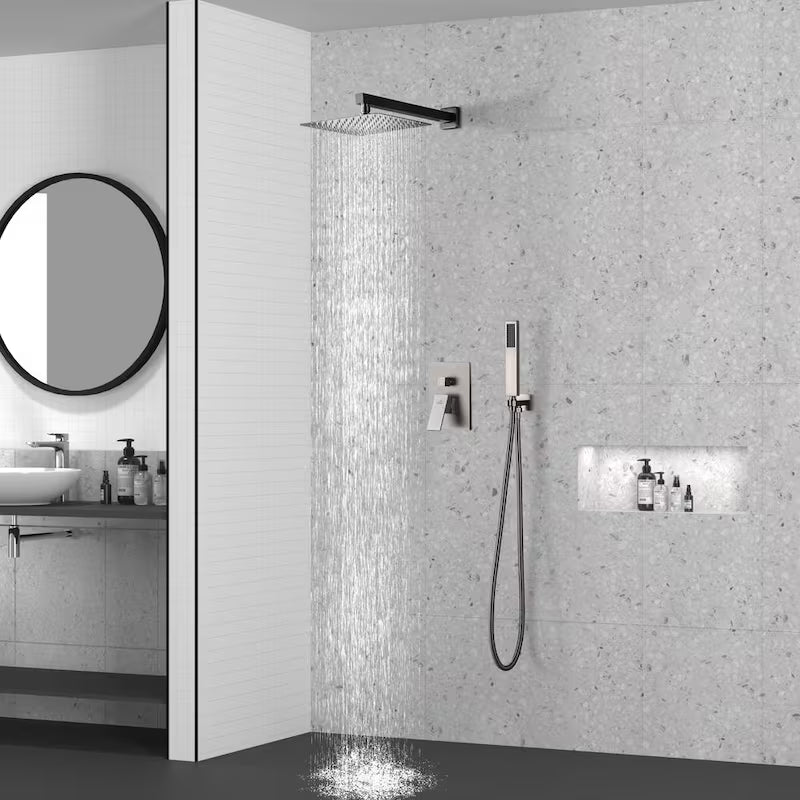 10 in. Wall Mount Dual Shower Heads with Hand Shower Faucet, Brushed Nickel W34449