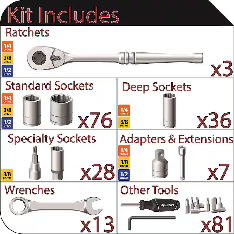 1/4 in., 3/8 in. and 1/2 in. 72-Tooth Ratchet Mechanics Tool Set (244-Piece) W16556